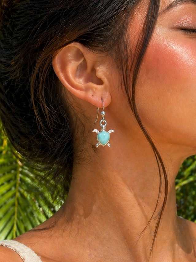Hanging Turtle Larimar Earrings